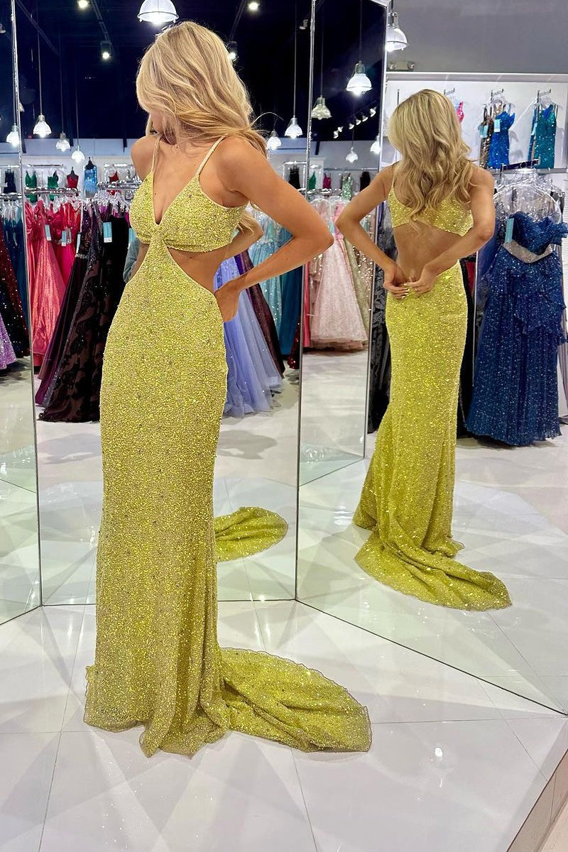 Yellow Sequins Cutout Long Deep V Neck Prom Dresses