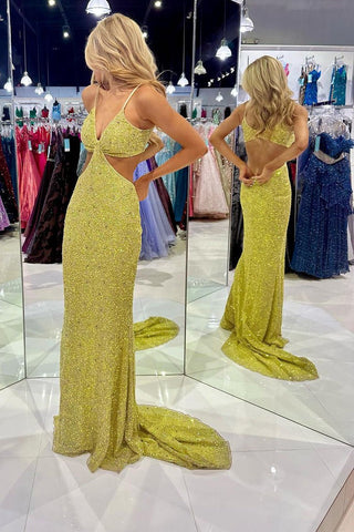 Yellow Sequins Cutout Long Deep V Neck Prom Dresses