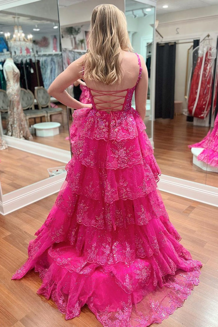 V Neck Fuchsia Ruffle Tiered A Line Long Prom Dress with Appliques