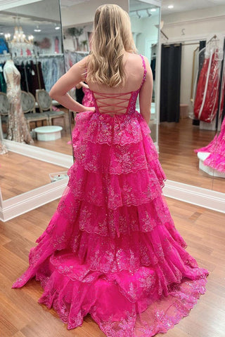 V Neck Fuchsia Ruffle Tiered A Line Long Prom Dress with Appliques