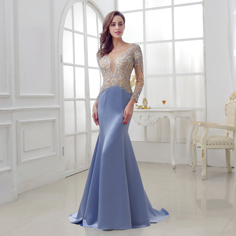 Glamorous Long - Sleeved Blue Mermaid Gown with Embroidered Sheer Bodice Prom Dress,LX287