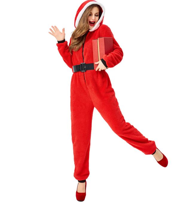Women's red hooded jumpsuit Christmas outfit