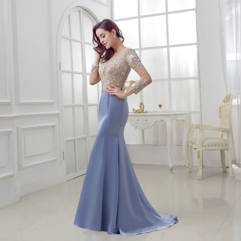 Glamorous Long - Sleeved Blue Mermaid Gown with Embroidered Sheer Bodice Prom Dress,LX287