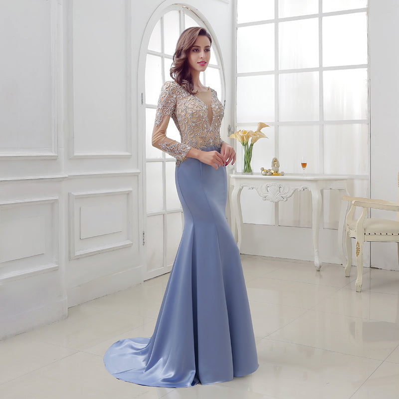 Glamorous Long - Sleeved Blue Mermaid Gown with Embroidered Sheer Bodice Prom Dress,LX287