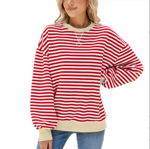 Autumn and winter striped round neck contrasting loose long sleeved sweatshirt jacket for women