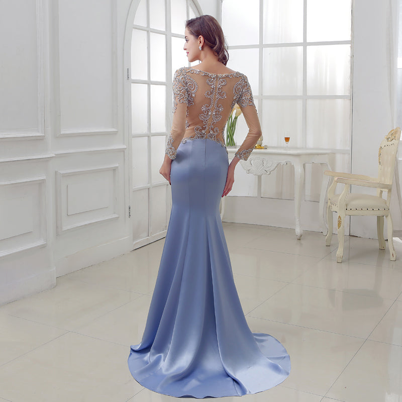 Glamorous Long - Sleeved Blue Mermaid Gown with Embroidered Sheer Bodice Prom Dress,LX287