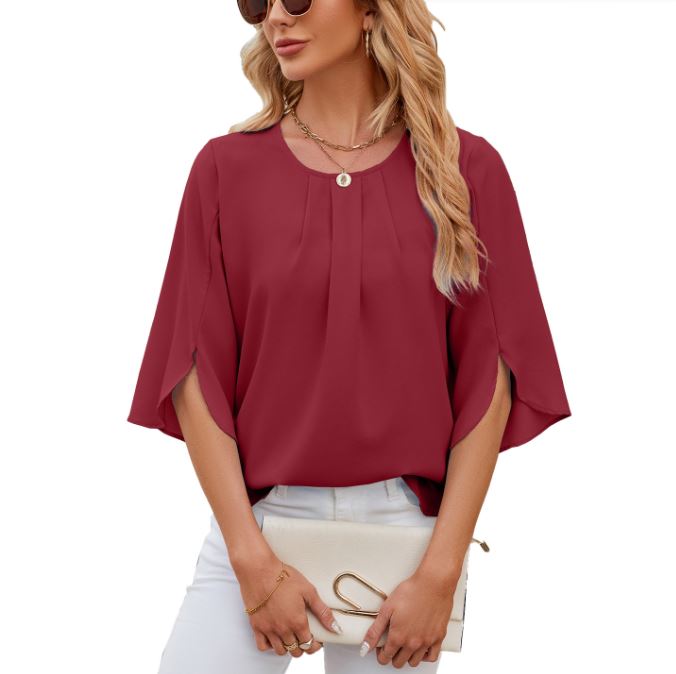 New solid color round neck five quarter sleeve short sleeved loose chiffon top