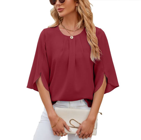 New solid color round neck five quarter sleeve short sleeved loose chiffon top