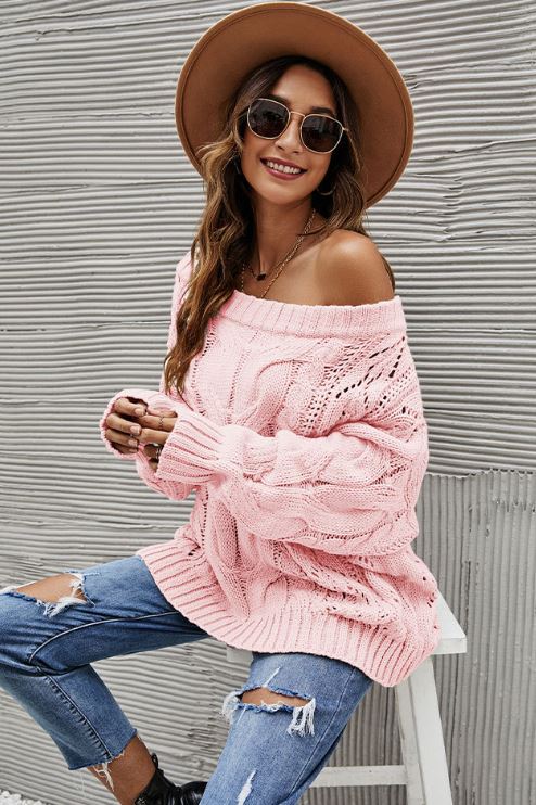 Off shoulder oversized loose one neck solid color pullover sweater
