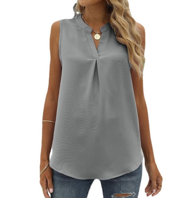 Solid color chiffon shirt loose V-neck pullover sleeveless top vest