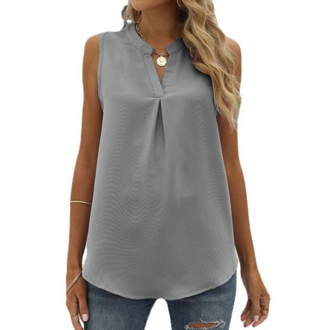 Solid color chiffon shirt loose V-neck pullover sleeveless top vest