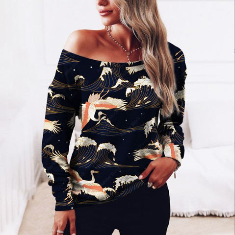 Long sleeved 3D digital printed women's shoulder sweatshirt