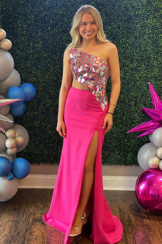 One Shoulder Sheath  Cut Mirror Sequins Prom Dress