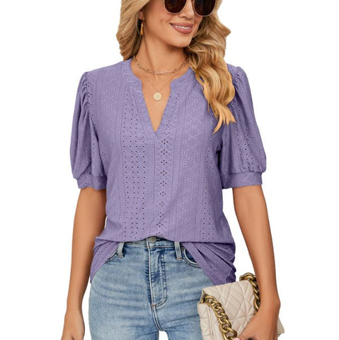 Summer casual V-neck solid color hollow bubble sleeve loose T-shirt