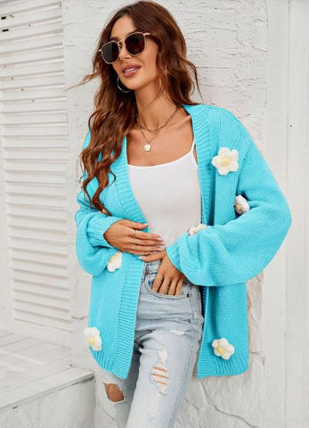 Large size flower cardigan lantern sleeve knitted sweater