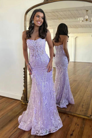 Lace Mermaid Strapless Sequined Prom Dress
