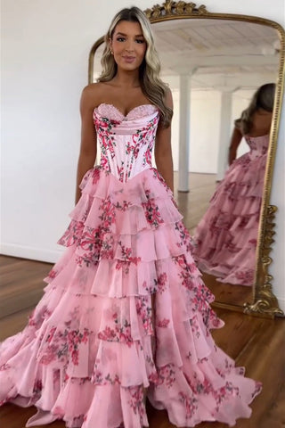 Sweet A Line Sweetheart Floral Printed Chiffon Tiered Prom Dresses