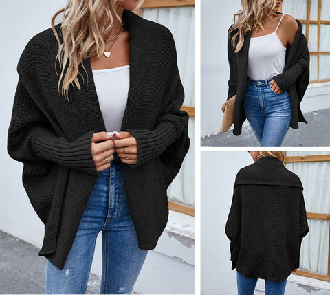 Autumn and Winter New Women's Solid Color Bat Sleeve Cardigan Coat