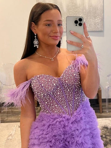 A Line Tiered Tulle Off the Shoulder Prom Dress With Slit