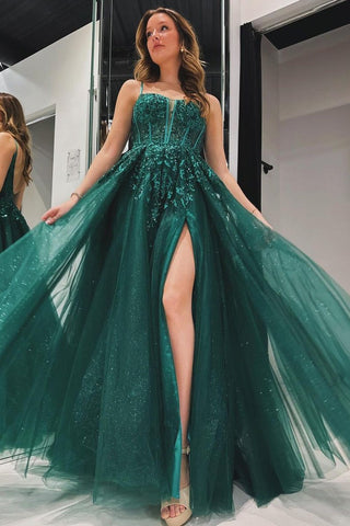 Elegant Spaghetti Straps Green Tulle A Line Prom Dress with Appliques