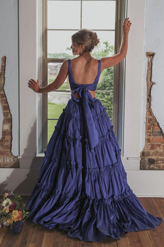 Dark Blue Two Piece V Neck Long Prom Dress