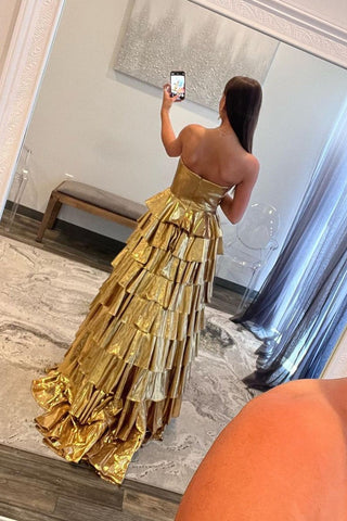 Unique Gold Strapless Ruffle Tiered Satin Long Prom Dress