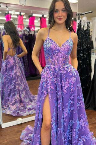 Cute V Neck Purple Sequins Lace Tulle A Line Prom Dress