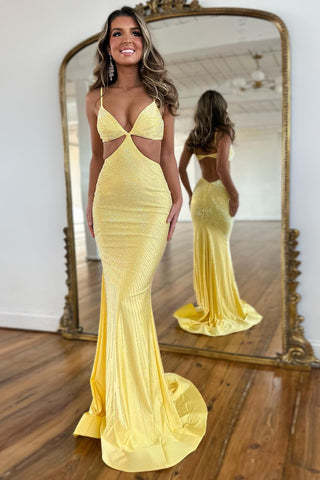 Charming V Neck Mermaid Yellow Satin Long Prom Dresses with Beading