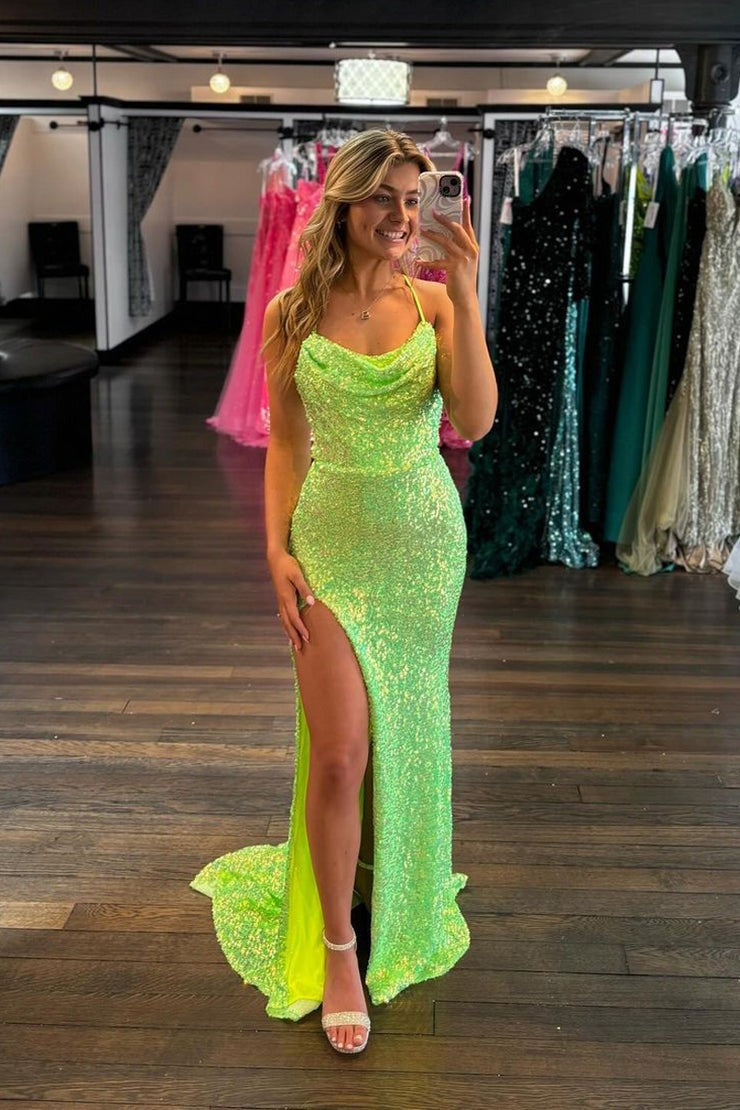 Sparkly Cowl Neck Green Sequins Long Mermaid Prom Dresses with Slit