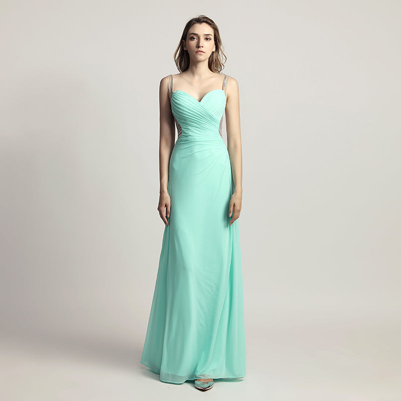 Graceful Champagne Spaghetti Strap V - Neck Ruched Gown Prom Dress,LX467