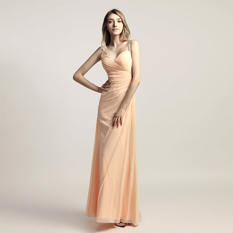Graceful Champagne Spaghetti Strap V - Neck Ruched Gown Prom Dress,LX467
