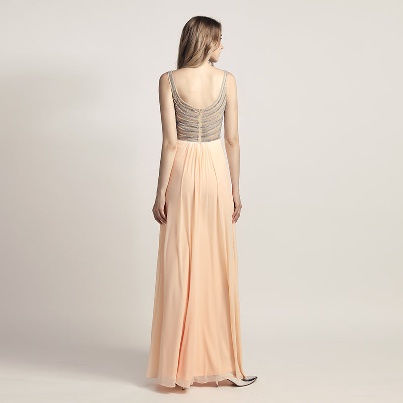 Graceful Champagne Spaghetti Strap V - Neck Ruched Gown Prom Dress,LX467