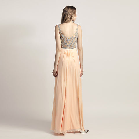 Graceful Champagne Spaghetti Strap V - Neck Ruched Gown Prom Dress,LX467