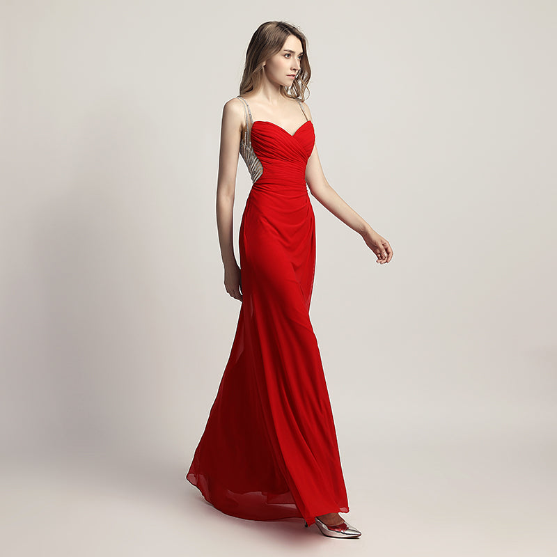 Graceful Champagne Spaghetti Strap V - Neck Ruched Gown Prom Dress,LX467