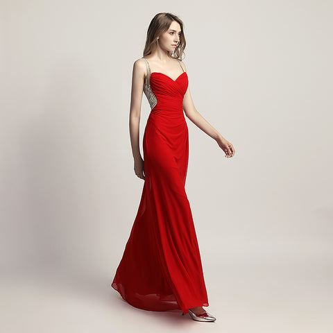 Graceful Champagne Spaghetti Strap V - Neck Ruched Gown Prom Dress,LX467