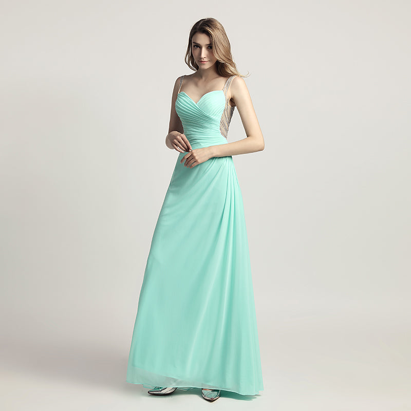 Graceful Champagne Spaghetti Strap V - Neck Ruched Gown Prom Dress,LX467