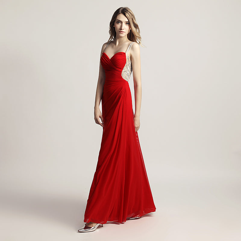 Graceful Champagne Spaghetti Strap V - Neck Ruched Gown Prom Dress,LX467