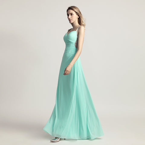 Graceful Champagne Spaghetti Strap V - Neck Ruched Gown Prom Dress,LX467