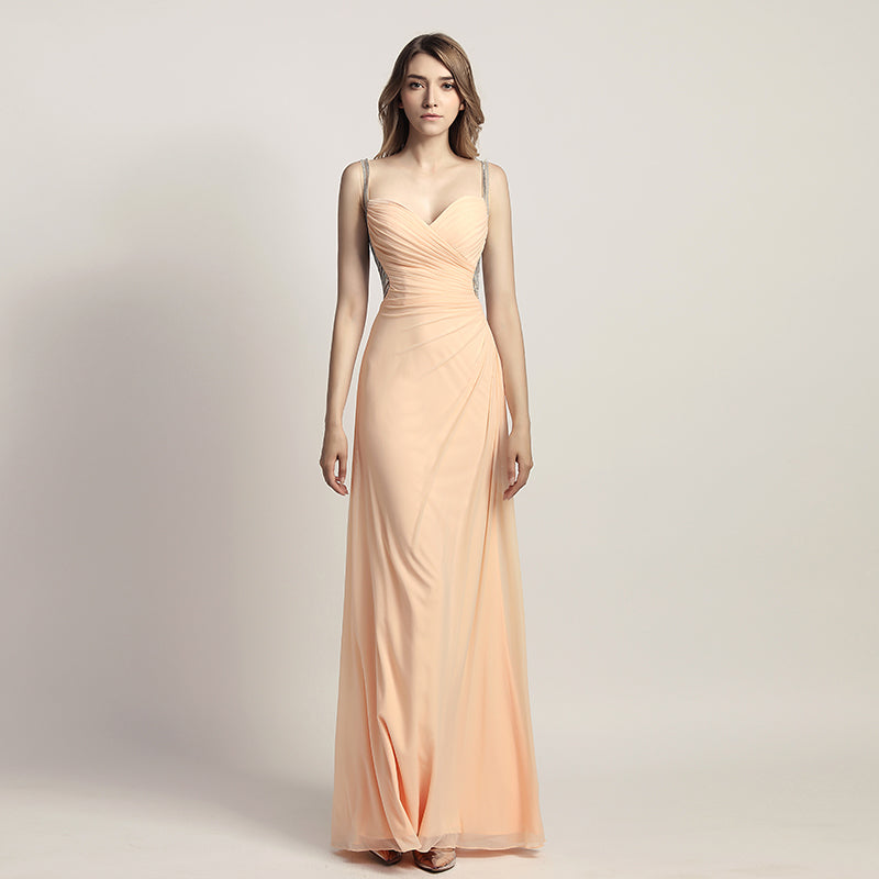 Graceful Champagne Spaghetti Strap V - Neck Ruched Gown Prom Dress,LX467