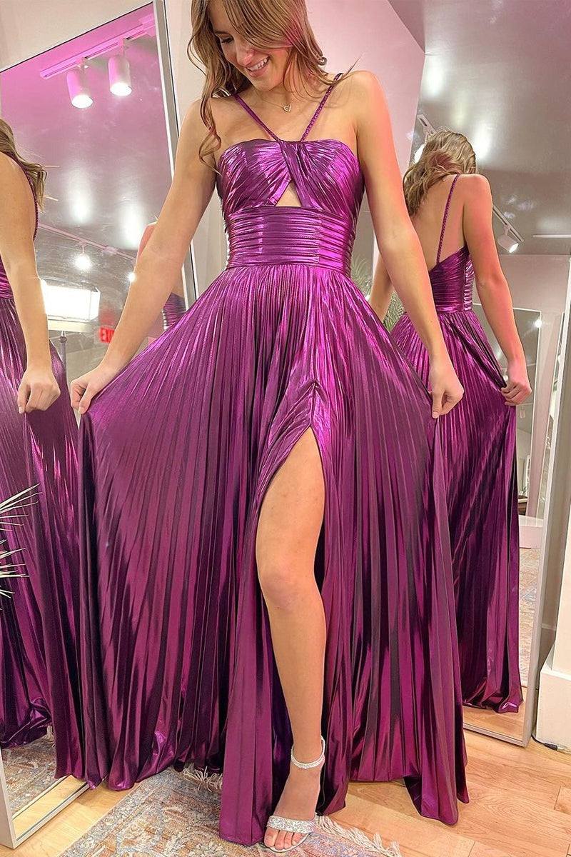 Magenta  A-Line Spaghetti Straps Pleated Long Prom Dresses