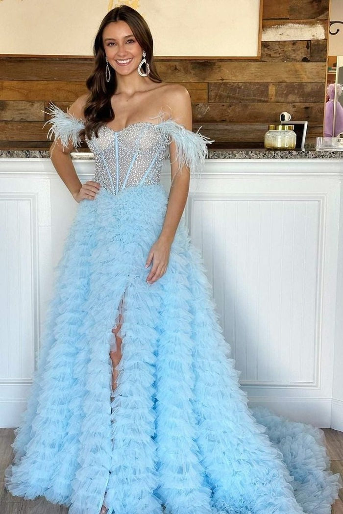 A Line Tiered Tulle Off the Shoulder Prom Dress With Slit