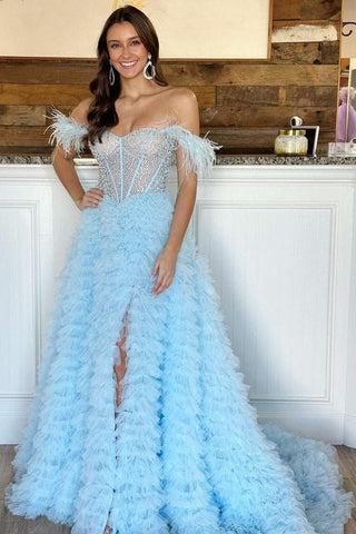 A Line Tiered Tulle Off the Shoulder Prom Dress With Slit