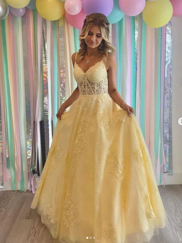 Yellow Aline tulle lace long prom dress yellow tulle long party dress