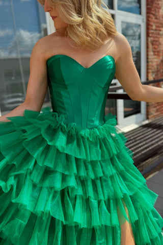 Cute Sweetheart Green Tulle Tiered A Line Long Prom Dresses with Slit