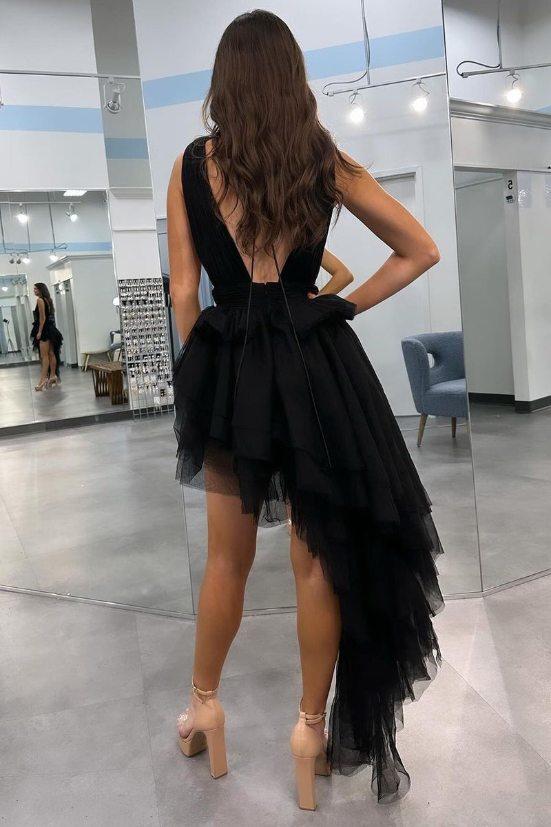 Black A-Line V Neck Irregular Hem Prom Dresses