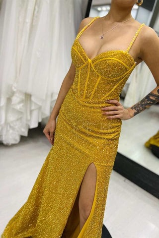 Brown Mermaid Sequin Sweetheart Lace-Up Long Prom Dress with Slit