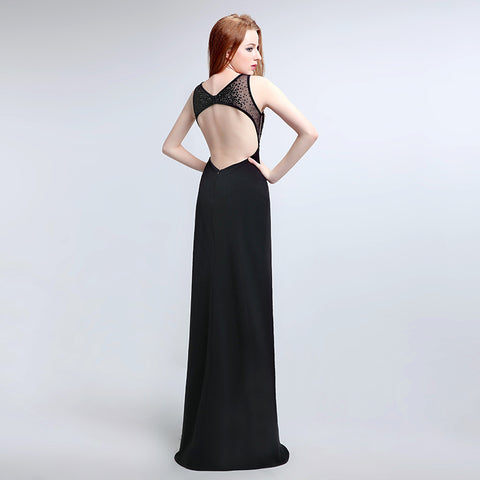 Sophisticated Sleeveless Black Evening Gown with Lace - detailed Bodice and High Slit Prom Dress,LX170