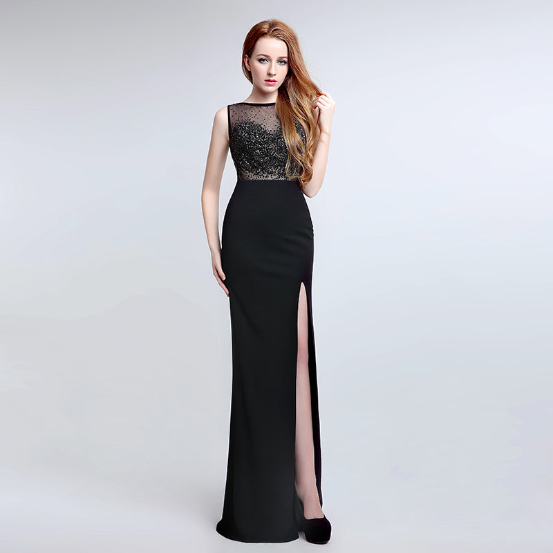 Sophisticated Sleeveless Black Evening Gown with Lace - detailed Bodice and High Slit Prom Dress,LX170