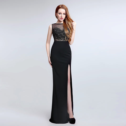 Sophisticated Sleeveless Black Evening Gown with Lace - detailed Bodice and High Slit Prom Dress,LX170
