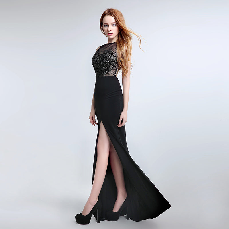Sophisticated Sleeveless Black Evening Gown with Lace - detailed Bodice and High Slit Prom Dress,LX170